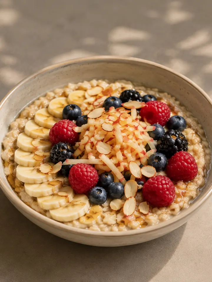 Oat bowl with banana, berries and almonds